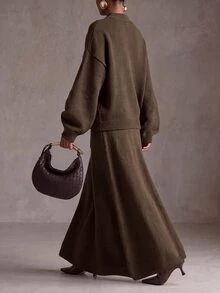 Zivah Women's Brown Knit Sweater Set, Loose Fit Stand Collar Long Sleeve Top And A-Line Skirt With Pockets - Coffee Brown - View 3