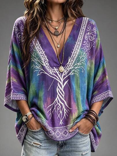 Breezaya Women's Elegant Beige Summer Casual Blouse,V-Neck Batwing Sleeve Striped Print Linen-Inspired Top Fall
