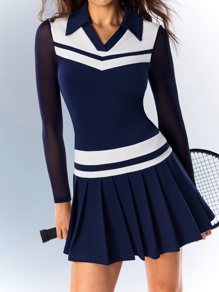 VARSIVA Women's Colorblock Lapel Long Sleeve Pleated Hem Sports Dress With Shorts - Multicolor - View 9
