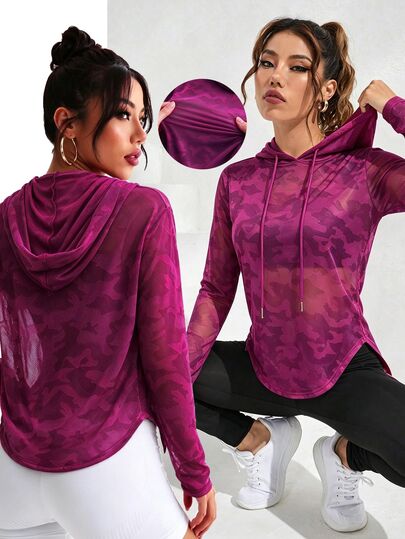 Easithlete Nueva sudadera deportiva de manga larga con capucha y estampado de camuflaje morado para otoño, ajuste ceñido, bajo curvo, sudadera de yoga, camiseta de fútbol para mujer, ropa deportiva