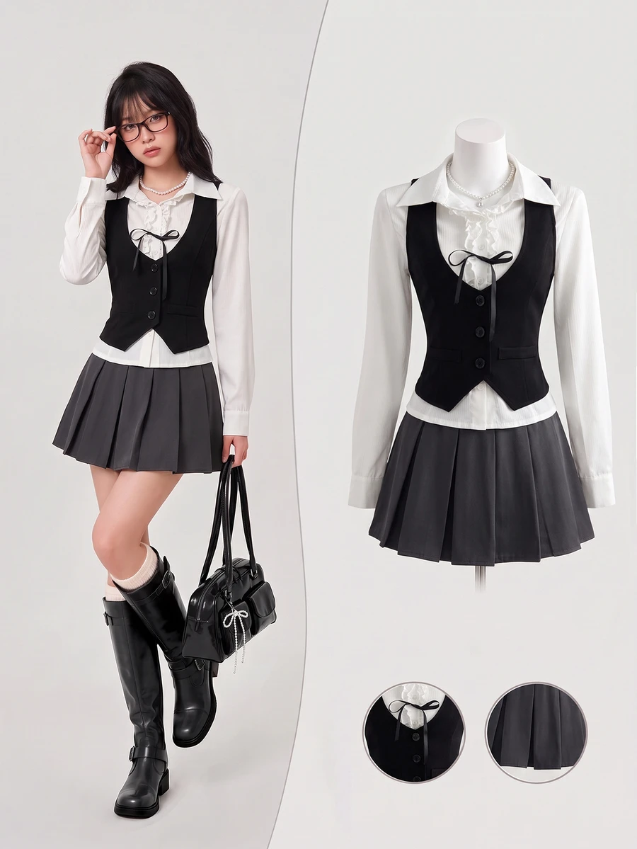 Elamini Women's Two Pieces Autumn Set: White Long-Sleeve Shirt Paired With A Vest Featuring A Bow And Ruffled Hem; Back-To-School,Preppy Style Gothic Halloween - Black and White - View 1