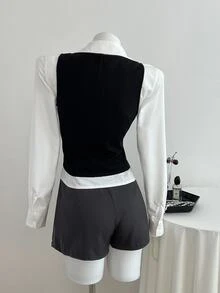 Elamini 女款兩件式秋季套裝：白色長袖襯衫搭配蝴蝶結與荷葉邊下擺背心，返校季學院風哥德風萬聖節穿搭 - 黑與白 - 查看 2