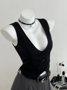 Elamini 女款兩件式秋季套裝：白色長袖襯衫搭配蝴蝶結與荷葉邊下擺背心，返校季學院風哥德風萬聖節穿搭 - 黑與白 - 查看 6