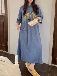 Dazy Plus Letter Print Slit Hem Loose Long Nightgown Dress, Plus Size Women Home Wear, Spring & Summer Pajamas - Blue - View 1