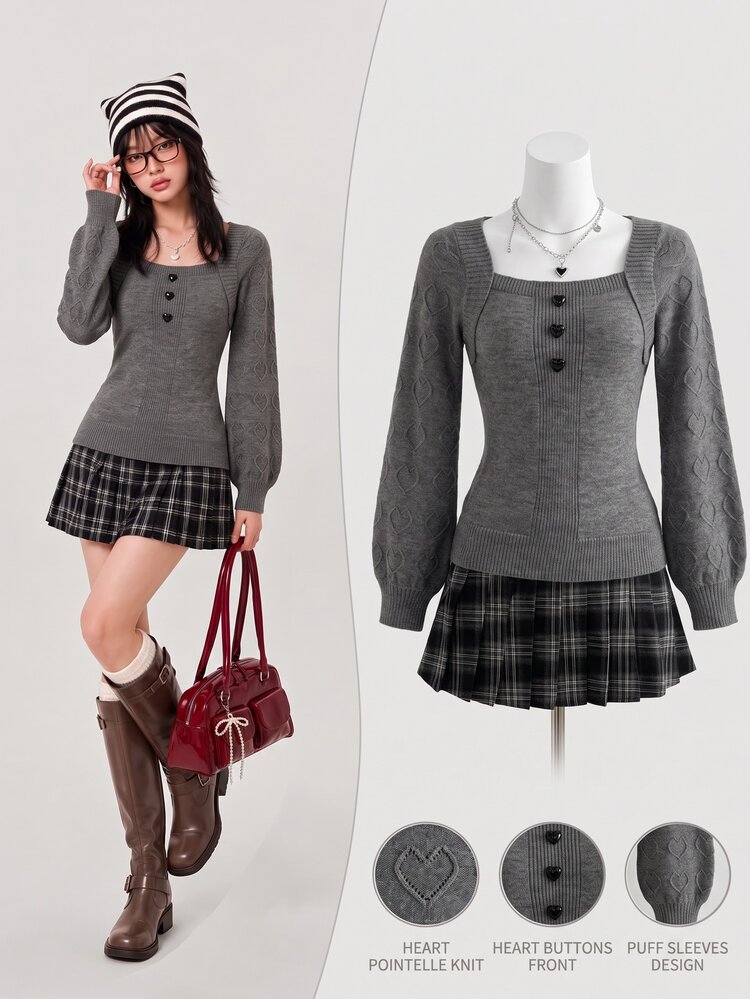 Elamini Cute Heart Casual Versatile Women Sweater, Christmas - Grey - View 1