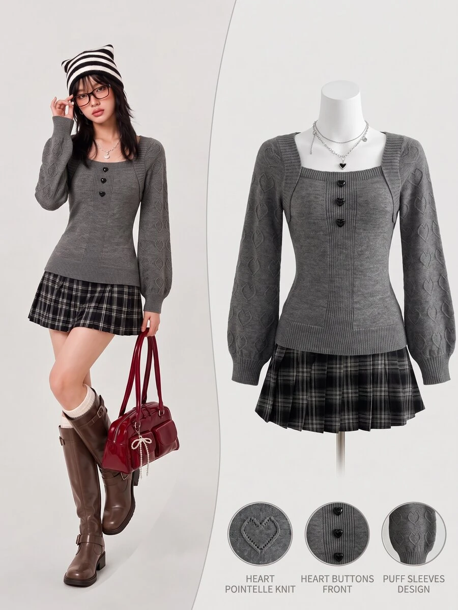 Elamini Cute Heart Casual Versatile Women Sweater, Christmas - Grey - View 1