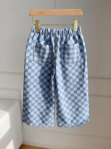 Kids Boys' Blue Plaid Comfortable Breathable Washed Loose Casual Pants, Suitable For Daily Wear And Back To School - Medium Wash - View 3