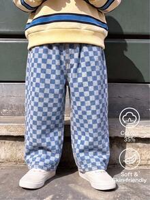 Kids Boys' Blue Plaid Comfortable Breathable Washed Loose Casual Pants, Suitable For Daily Wear And Back To School - Medium Wash - View 1