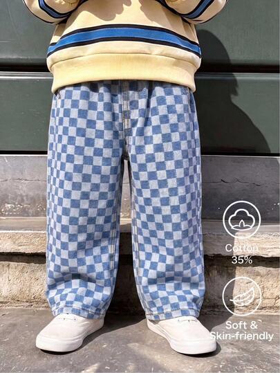 Kids Boys' Blue Plaid Comfortable Breathable Washed Loose Casual Pants, Suitable For Daily Wear And Back To School