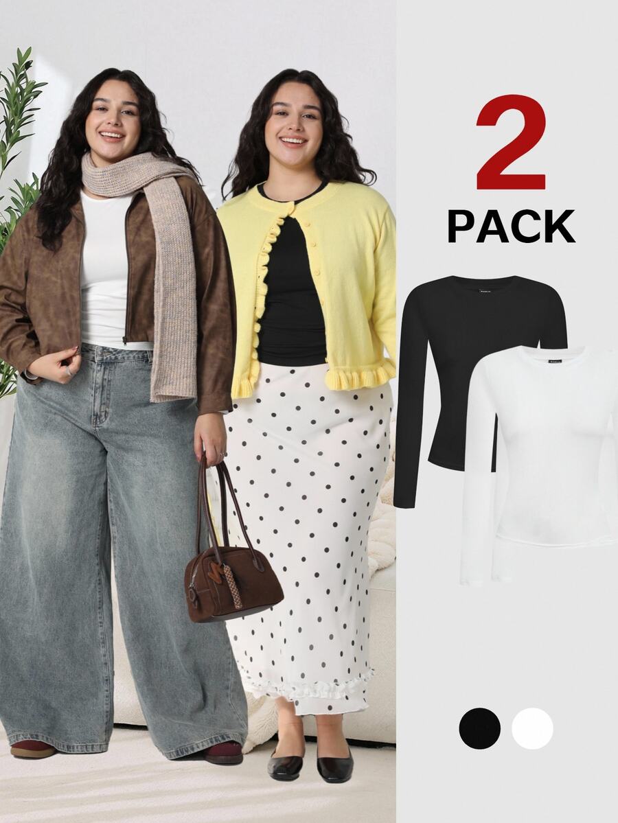 Solflare 2PCS Plus Size T-Shirts Fall - Black and White - View 1