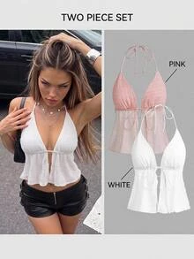 SHEIN ICON Y2k Summer Hawaiian Clothes Solid Color Backless Halter Top With Straps,Summer Top - Multicolor - View 1