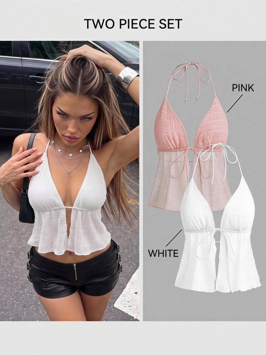 SHEIN ICON Y2k Summer Hawaiian Clothes Solid Color Backless Halter Top With Straps,Summer Top - Multicolor - View 1