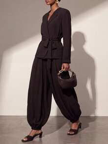 Zivah Women's Solid Color Knot Waist Long Sleeve Top And Pants Casual Daily Set - Brown - View 10