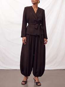Zivah Women's Solid Color Knot Waist Long Sleeve Top And Pants Casual Daily Set - Brown - View 9