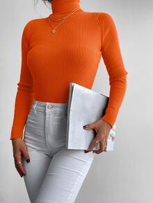 Cloudara Solid Turtleneck Ribbed Knit Sweater - Orange - View 5