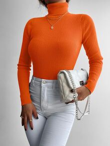 Cloudara Solid Turtleneck Ribbed Knit Sweater - Orange - View 7