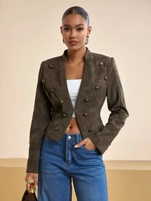 Zivah Women's Button Design Long Sleeve Casual Napoleon Regular Jacket - Brown - View 5