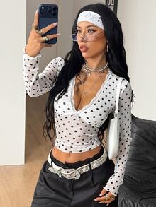 Coolane 女款秋季舒適彈性保暖優雅性感時尚白色黑色波點透視網紗蕾絲飾邊長袖修身短版上衣 - 白色 - 查看 3