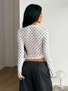 Coolane 女款秋季舒適彈性保暖優雅性感時尚白色黑色波點透視網紗蕾絲飾邊長袖修身短版上衣 - 白色 - 查看 7