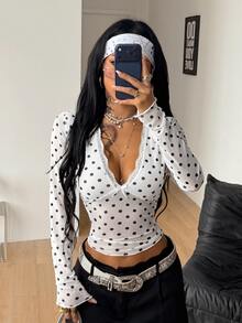 Coolane 女款秋季舒適彈性保暖優雅性感時尚白色黑色波點透視網紗蕾絲飾邊長袖修身短版上衣 - 白色 - 查看 5