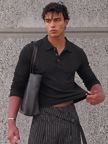 ESTAVOR Men's Solid Color Casual Versatile Long Sleeve T-Shirt For Daily Wear - Black - View 8