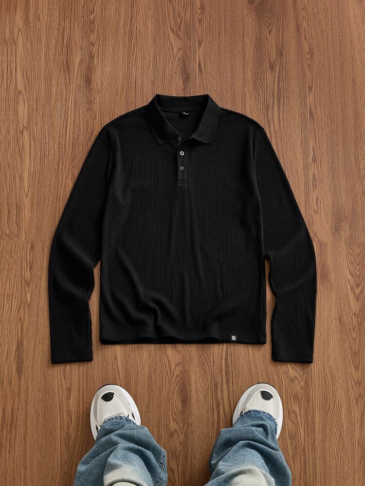 ESTAVOR Men's Solid Color Casual Versatile Long Sleeve T-Shirt For Daily Wear - Black - View 3
