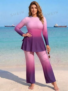 Swim Shayni Plus Size Women's Gradient Solid Color Conservative Modest Flapper Beach Vacation Burkini Pink Summer - Purple - View 3