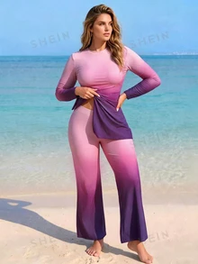 Swim Shayni Plus Size Women's Gradient Solid Color Conservative Modest Flapper Beach Vacation Burkini Pink Summer - Purple - View 4