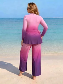 Swim Shayni Plus Size Women's Gradient Solid Color Conservative Modest Flapper Beach Vacation Burkini Pink Summer - Purple - View 2