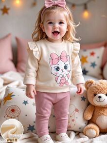 SHEIN Baby Girls Sweatshirt Leggings Set Beige Pink Cat Graphic Bow Ruffle Long Sleeve Round Neck Thick Spring Plush Family Matching Funny - White - View 9