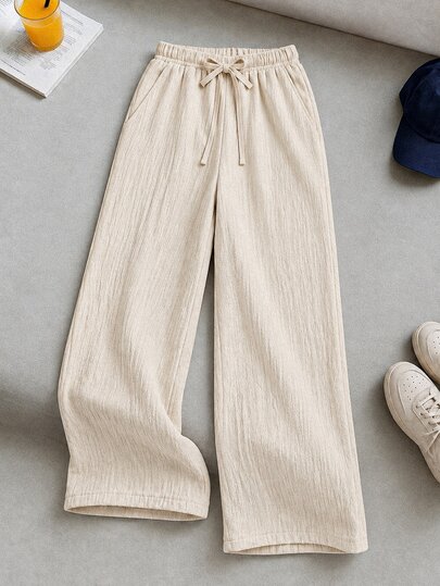SHEIN Tween Girls Fall Clothes High Waist Casual Uniform Beige Boho Autumn Holiday Wide Leg Pants,Loose Comfortable Textured Fabric Beach School Trousers