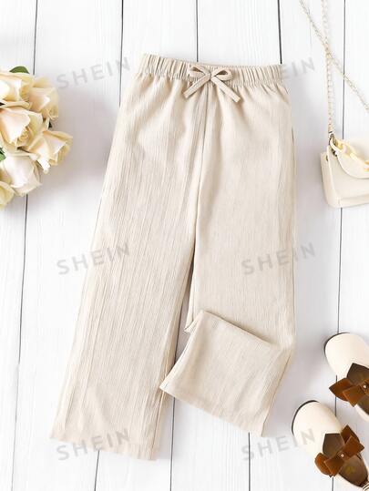 SHEIN 青少年女孩秋季服飾 高腰休閒制服風 米色波希米亞風 秋季假期寬腿褲 寬鬆舒適紋理布料 沙灘校園長褲