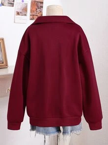 SHEIN Tween Girls Fleece Autumn Clothes Long Sleeve Solid Color 1/4 Zip Placket Loose Sweatshirt Warm Casual Basic Outfit Comfortable School Burgundy Red - Burgundy - View 2