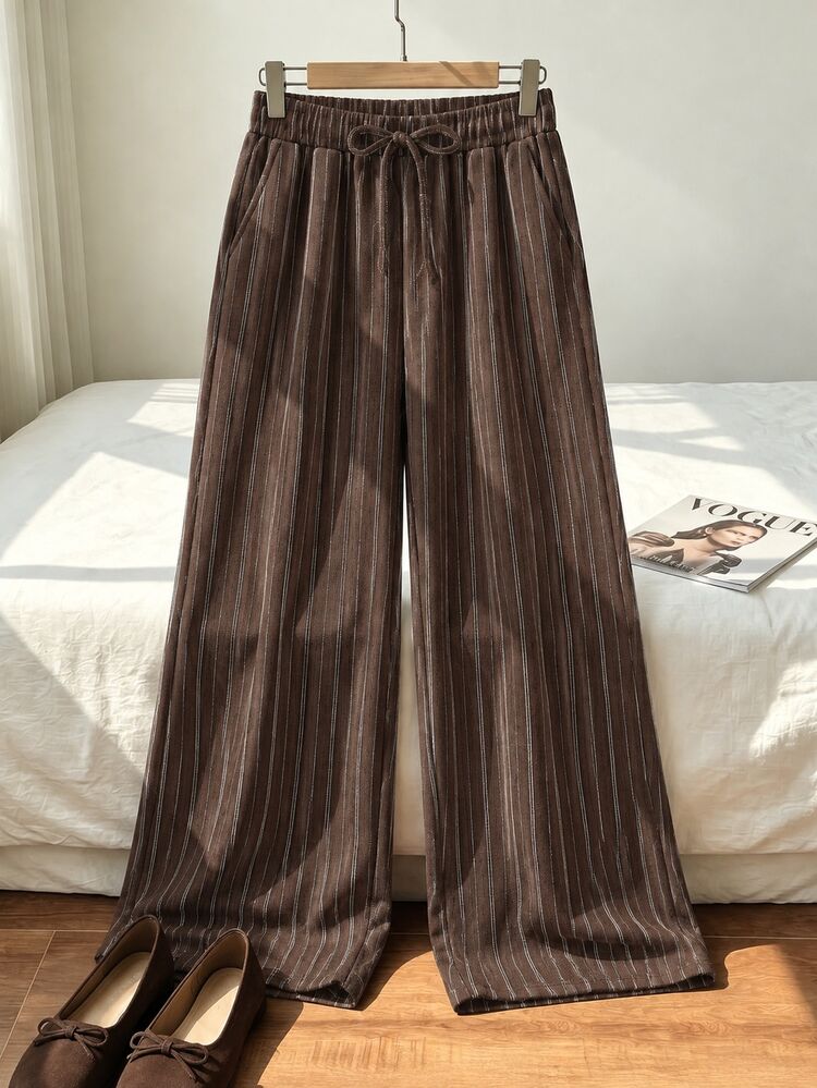 SHEIN Teen Girls' Brown Woven Loose Straight Leg Comfortable Elastic Waist Long Pants, Casual Baggy Cargo Minimalist Versatile All-Match For Autumn/Winter - Brown - View 3