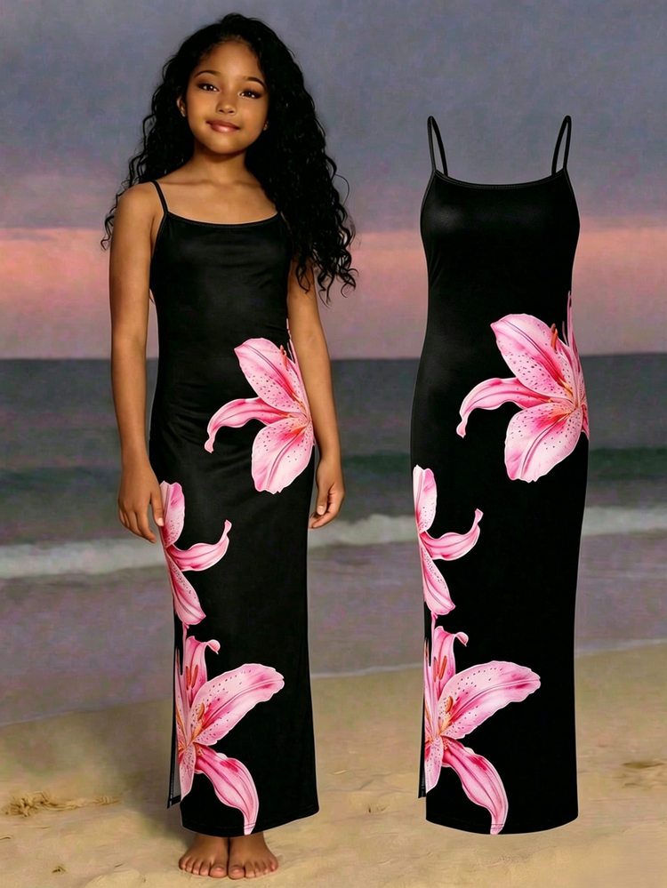 SHEIN Teen Girl Floral Print Fitted Camisole Mini Dress Beach Party Holiday, Summer, Outfits Black Elegant Cute - Multicolor - View 1