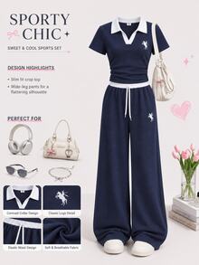 SHEIN Teen Girls 2pcs/Set Short Sleeve Preppy Streetwear Casual Outfit: Navy Blue Contrast Trim Polo Shirt Wide Leg Pants, Holiday Sixth Form Cruise Summer - Blue and White - View 1