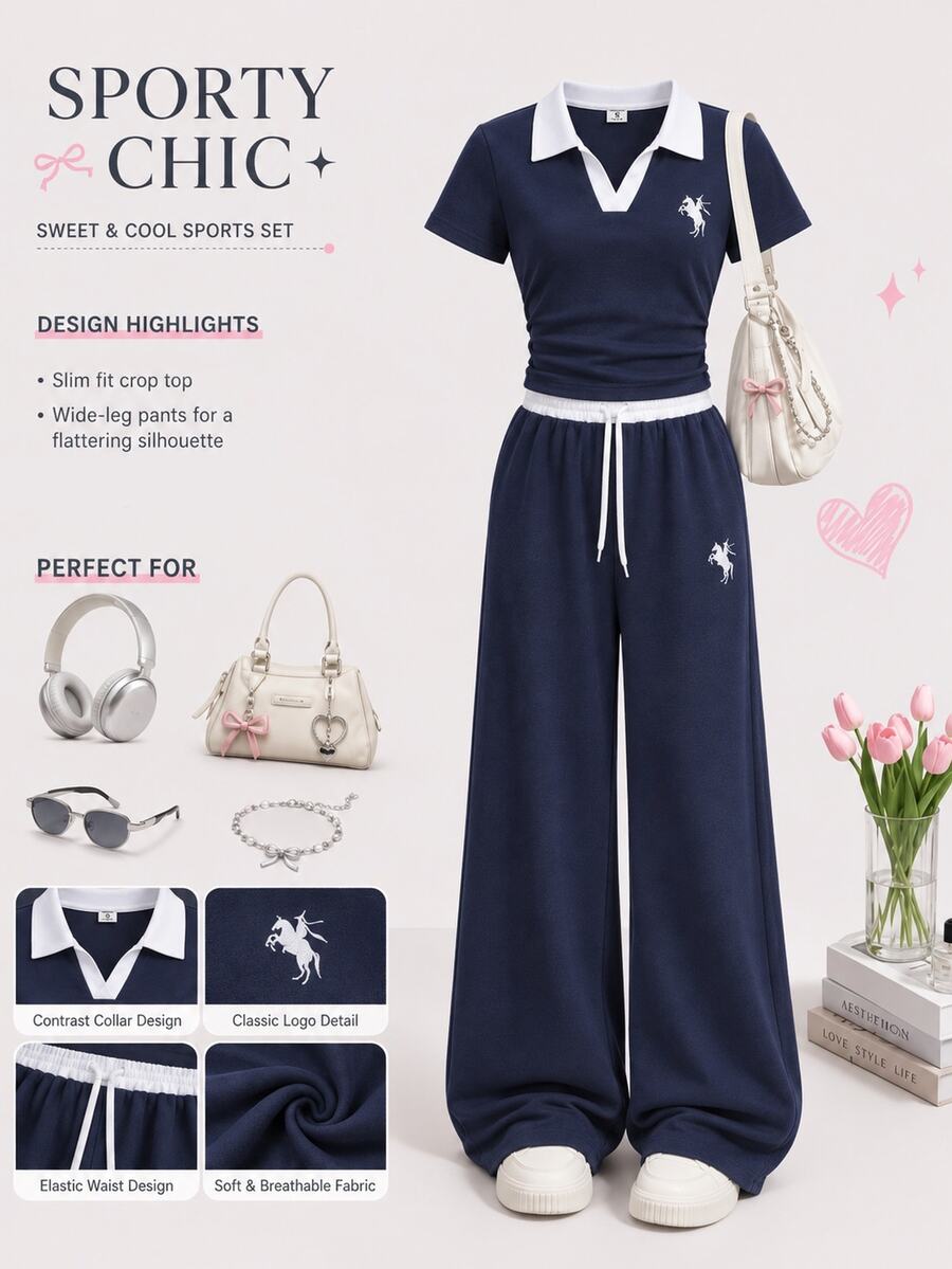 SHEIN Teen Girls 2pcs/Set Short Sleeve Preppy Streetwear Casual Outfit: Navy Blue Contrast Trim Polo Shirt Wide Leg Pants, Holiday Sixth Form Cruise Summer - Blue and White - View 1
