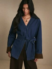 Easowa Women's Casual Denim Jacket With Belt, Autumn - Dark Wash - View 3