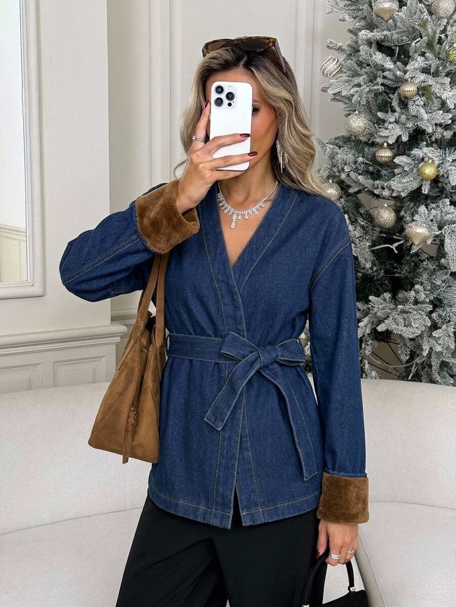 SHEIN LUNE Women's Casual Denim Jacket With Belt, Fall Everyday Navy Blue