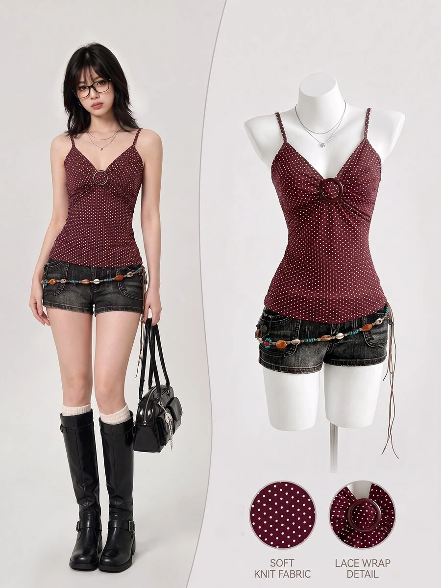 Elamini Women's Polka Dot Decorated Casual Retro 70s 1950s Vintage Tank Top, Suitable For Daily Wear And Vacation Everyday Date White Polka Dot Summer - Brown - View 1