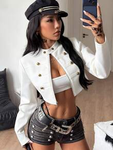 Coolane 女款秋季街頭風休閒電音嬉皮運動休閒 Y2K 基本款舒適拉鍊立領白色金飾修身短版長袖夾克拿破崙外套夜場合 - 白色 - 查看 1
