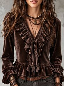 LUMIGAL Women's Elegant Solid Color Ruffle Blouse, Autumn - Brown - View 6