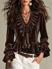 LUMIGAL Women's Elegant Solid Color Ruffle Blouse, Autumn - Brown - View 1