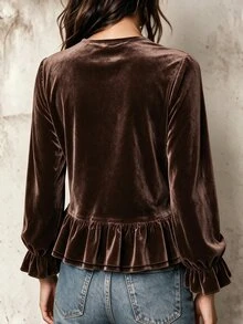 LUMIGAL Women's Elegant Solid Color Ruffle Blouse, Autumn - Brown - View 2