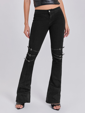 Jeans de mezclilla con recubrimiento estilo Millennium Rock Y2K con hebilla decorativa, corte slim y micro campana, para primavera, otoño e invierno