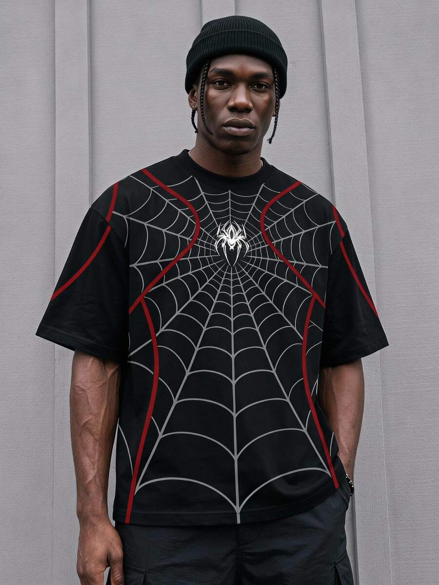 Sport MetroGents Men's Spider Web Pattern Printed Crew Neck Short Sleeve Sports T-Shirt, Gym - Multicolor - View 1