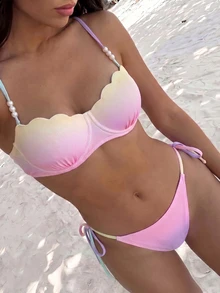 Swim Mod Women's Summer Beach Pool Party Gradient Sexy Tropical Romantic Cute Fashion Bikini Two Pieces Swimwear Set Pink And Yellow Pink And Purple Striped - Multicolor - View 4