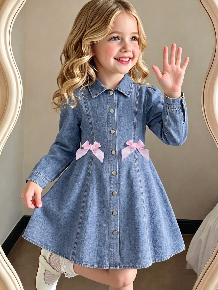 Girls' Denim Dress, Washed Light Blue, Sweet Girly Style, Classic Collar And Metal Button Design, Pink Bow On Chest For Playful Touch, Comfortable A-Line Fit, Suitable For Spring And Autumn - Light Wash - View 1