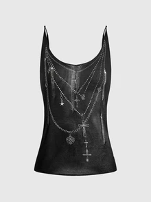 ROMWE Y2K Chain Star Pattern Cami Knit Top Halloween Holiday Night Out Black And Silver Summer Goth - White - View 8