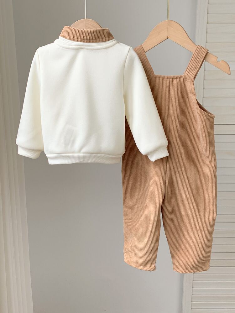 SHEIN 2pcs Baby Boy Baby Girl Baby Boy Baby Boy Outfits Colorblock Shirt Collar Long Sleeve Autumn/Winter Pullover Sweatshirt Corduroy Horse Embroidery Overalls Long Pants Versatile Comfortable - Brown - View 2